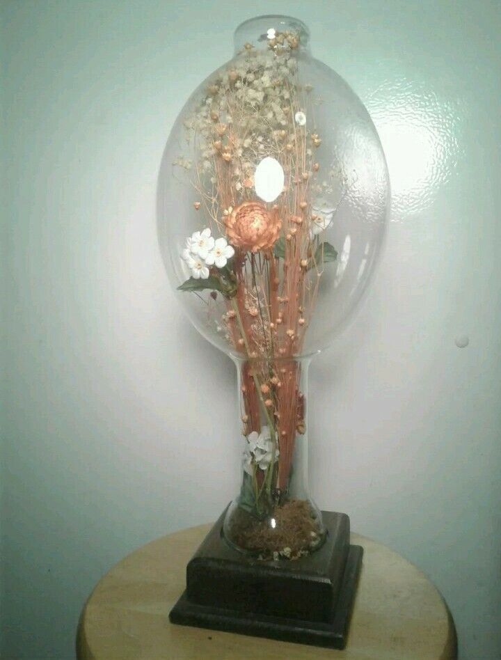 Vintage 1970s Dried Floral Home Decor Glass Display w/Wood Base