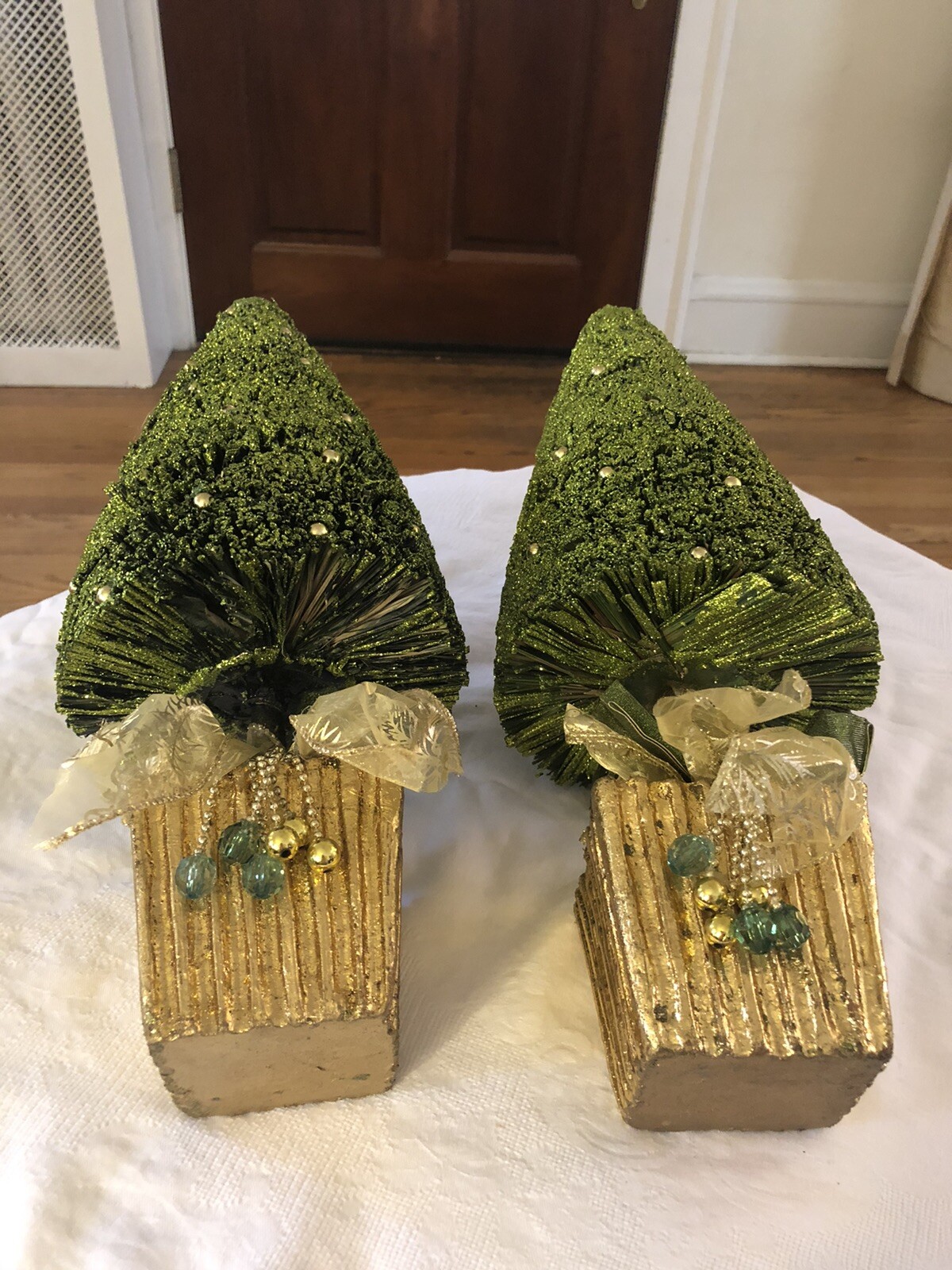 Pair vintage Conical dried synthetic Topiary trees. 16” Tall
