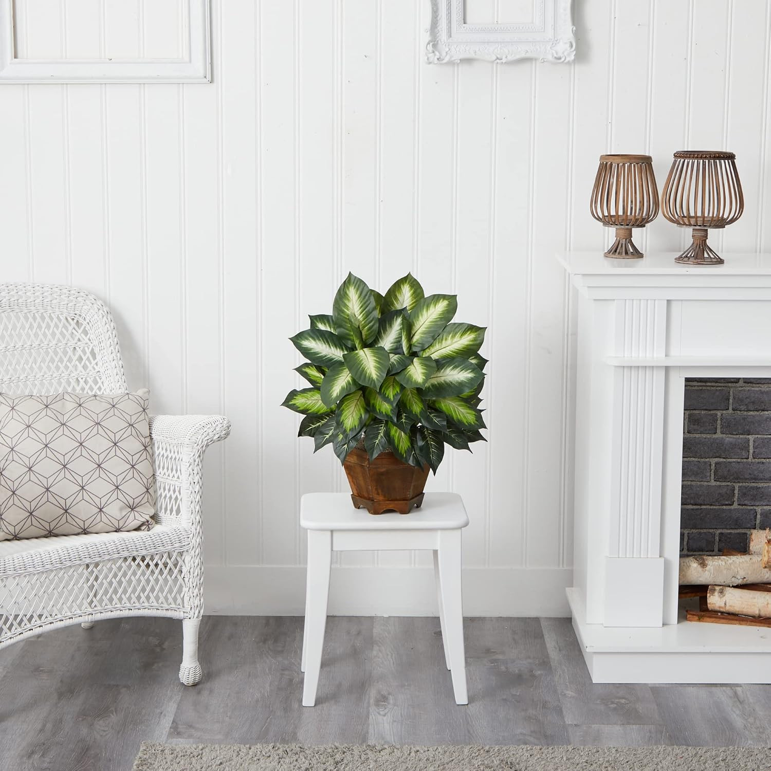 22IN Artificial Triple Golden Dieffenbachia Plant with Decorative Wood Planter,
