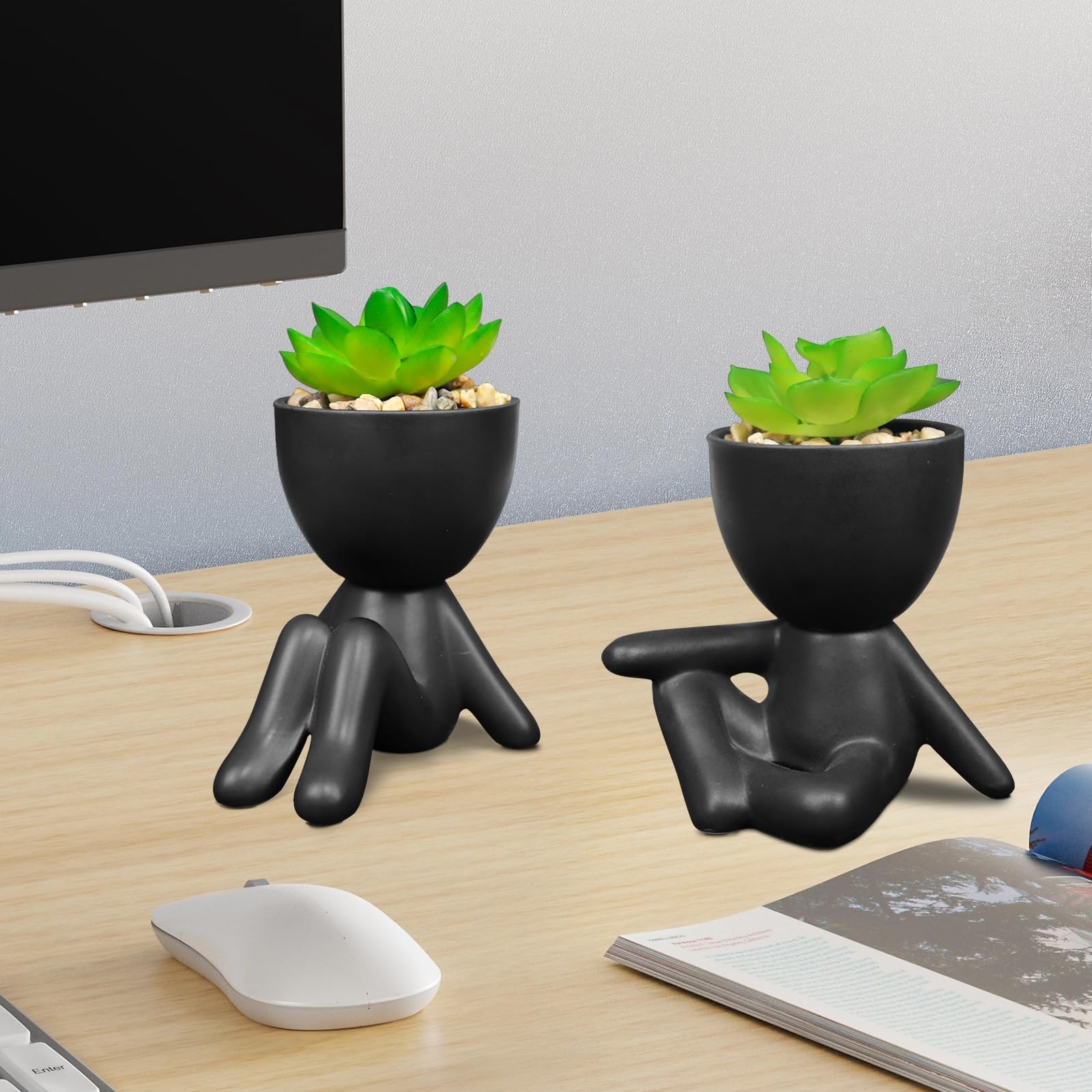 4 PCS Black Cute Fake Plants Artificial Succulent Human Shaped Pots Decor