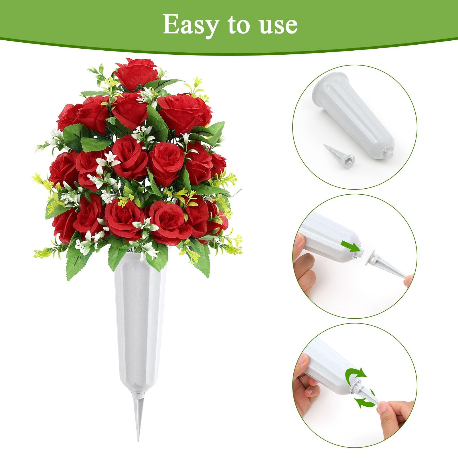 2Pcs Artificial Cemetery Flowers with Vase for Grave, Silk Memorial Day Rose …