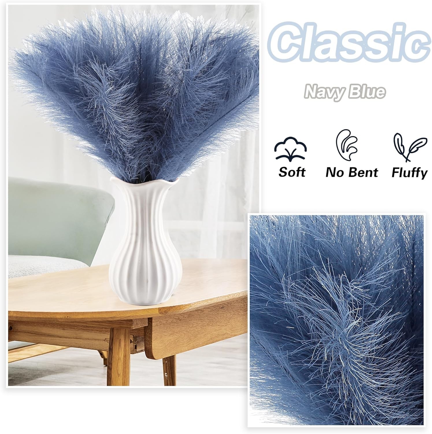 20Pcs Navy Blue Faux Pampas Grass Decor, 21.7″ Pompas Grass Flower