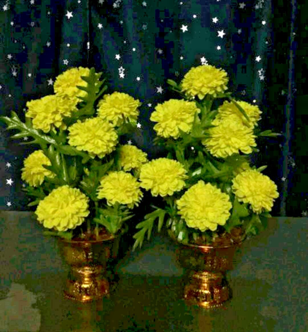 Pair Marigolds Flower Artifical Arrangement Gold Tray Decor Home Yellow Floral