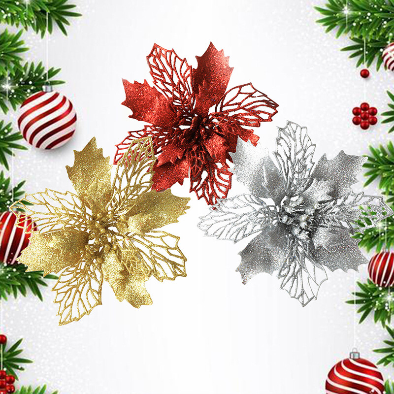 10/5pcs Glitter Christmas Poinsettia Hanging Flowers Xmas Party Tree Decorations