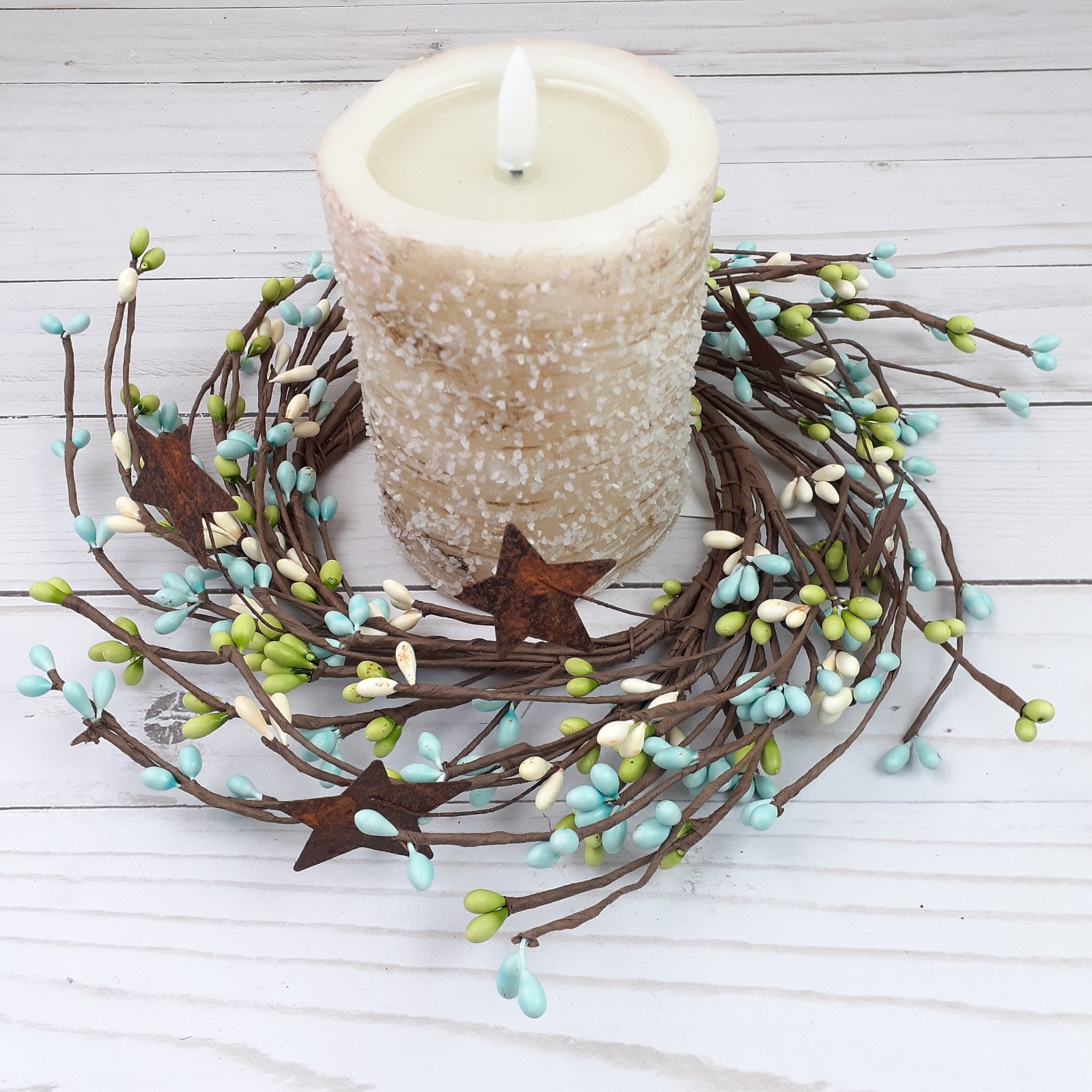 Pip Berry Candle Ring Rusty Tin Stars Seabreeze Blue Green Ivory 4″ inside