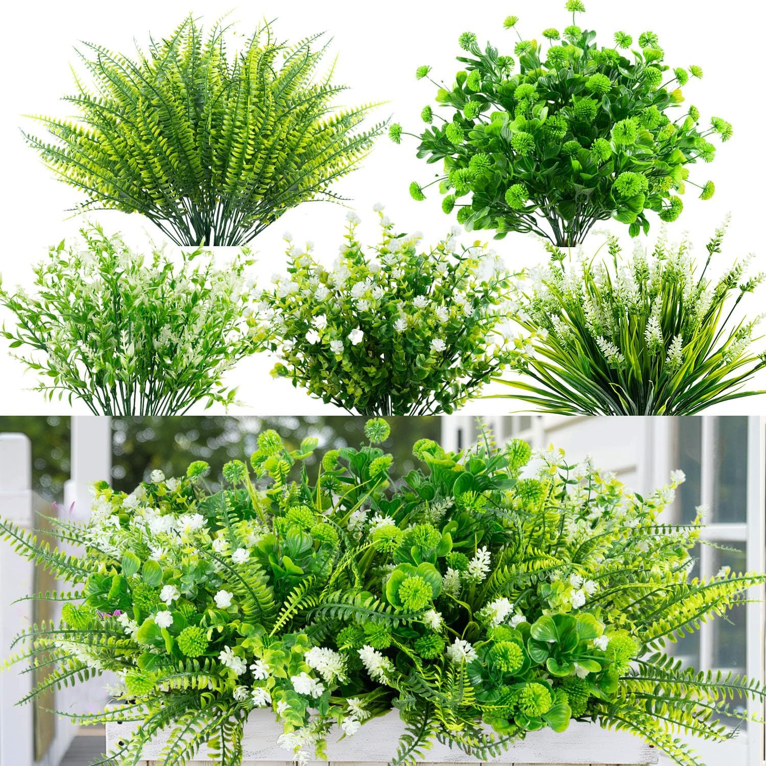 14 Bundles 5 Styles Fake Plants UV Resistant Artificial Outdoor Plant Boston Fer