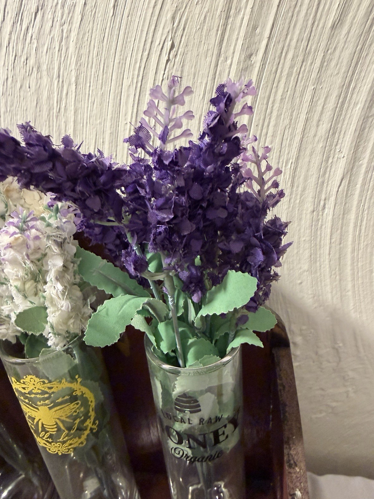 Welcome Spring Artificial Lavender Flowers Wooden Box Glass Set 3
