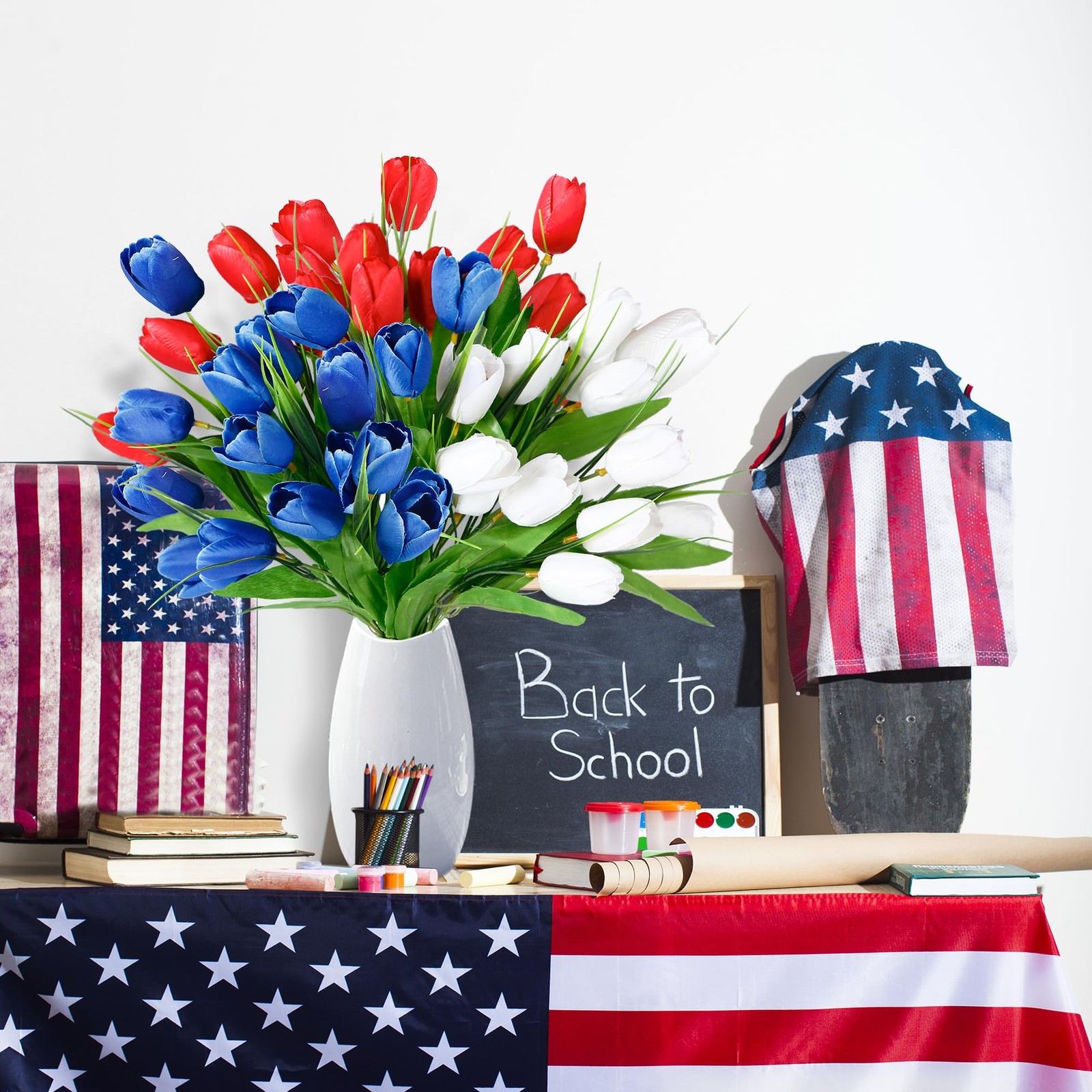 36 Pcs Patriotic Artificial Flowers Memorial Tulips Bouquet Fake Red White an…