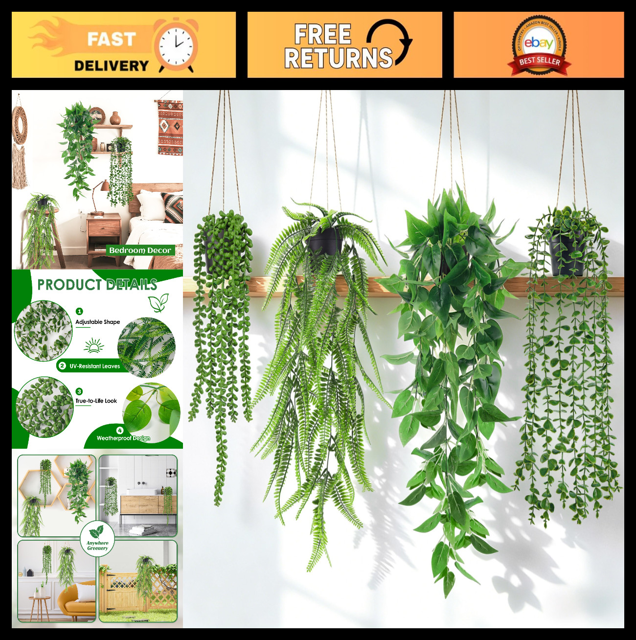 4Pcs Artificial Hanging Plants – Faux Ivy, Eucalyptus, Fern & Pearls for Home De