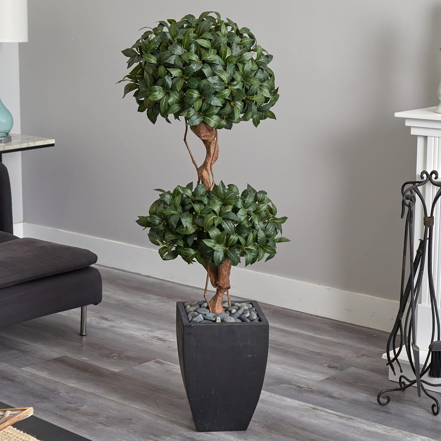 4.5Ft Sweet Bay Double Topiary Tree in Elegant Black Wash Planter