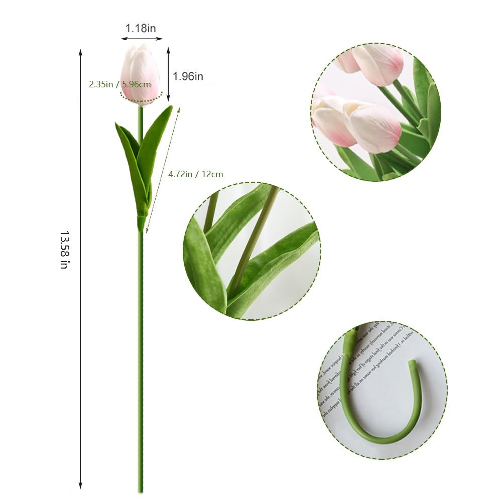 20pcs White and Light Pink PU Faux Tulips Flowers 13.5 Inch Fake Bouquet Decor