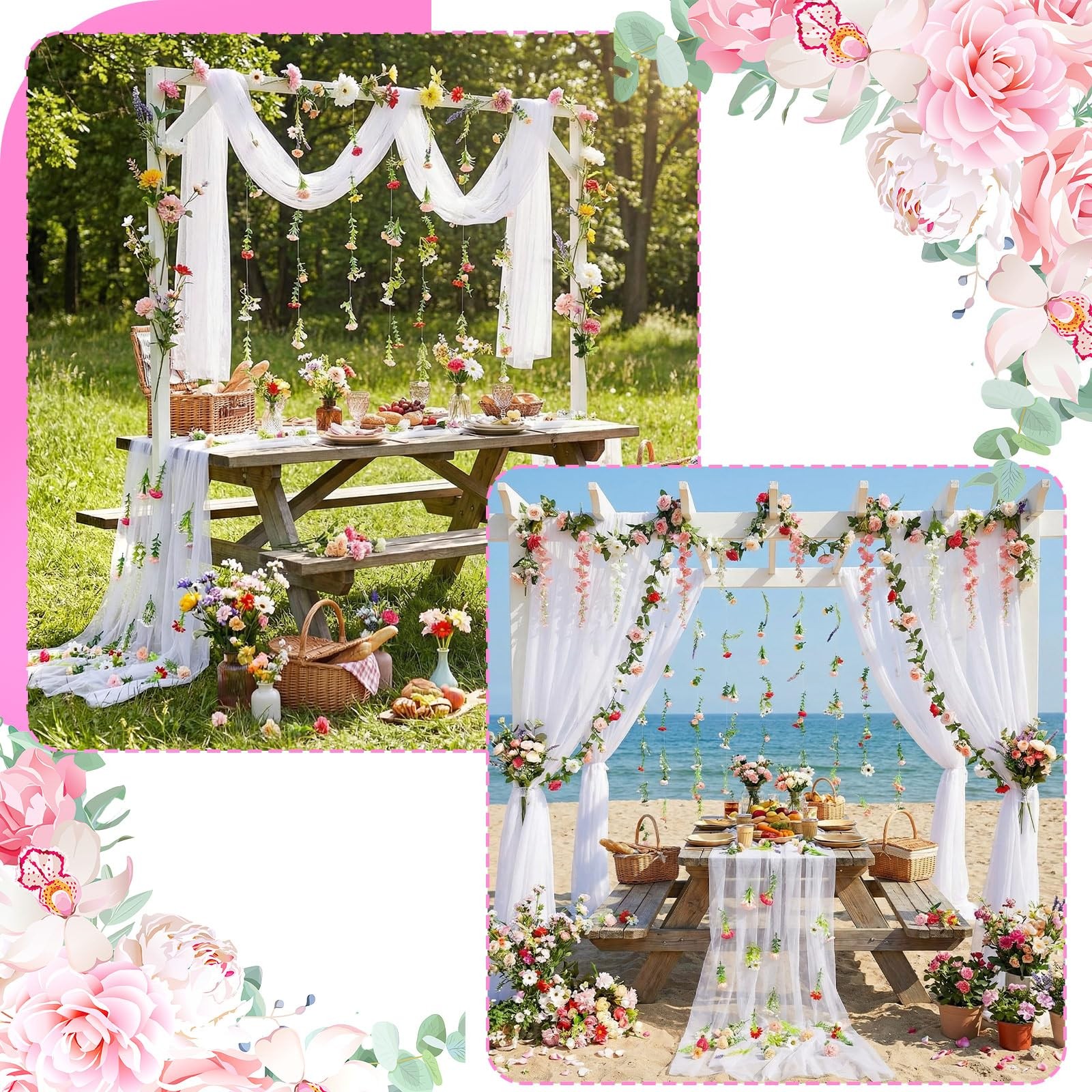 6 Pcs 35.4 Inch Artificial Wildflower Garlands with 3 Pcs 10 Ft Wedding Tulle…