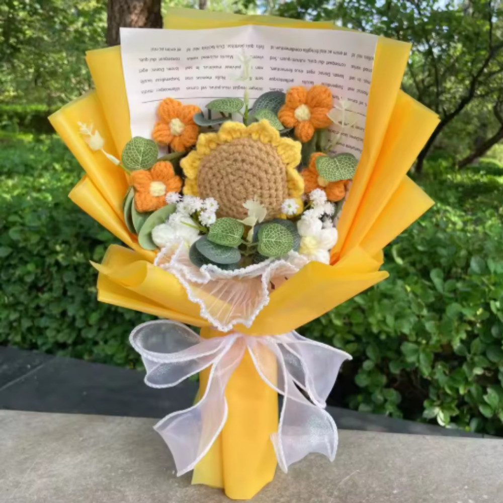 Crochet Sunflower & Rose Bouquet – Knitted Eternal Valentine’s Day Gift