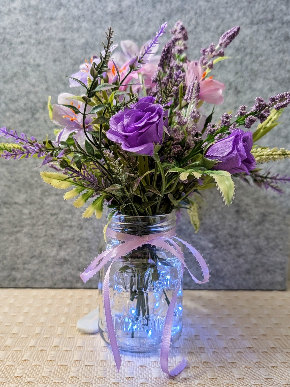Purple Floral Arrangement, Mini Roses, Fressia, Lighted Mason Jar (Timer)