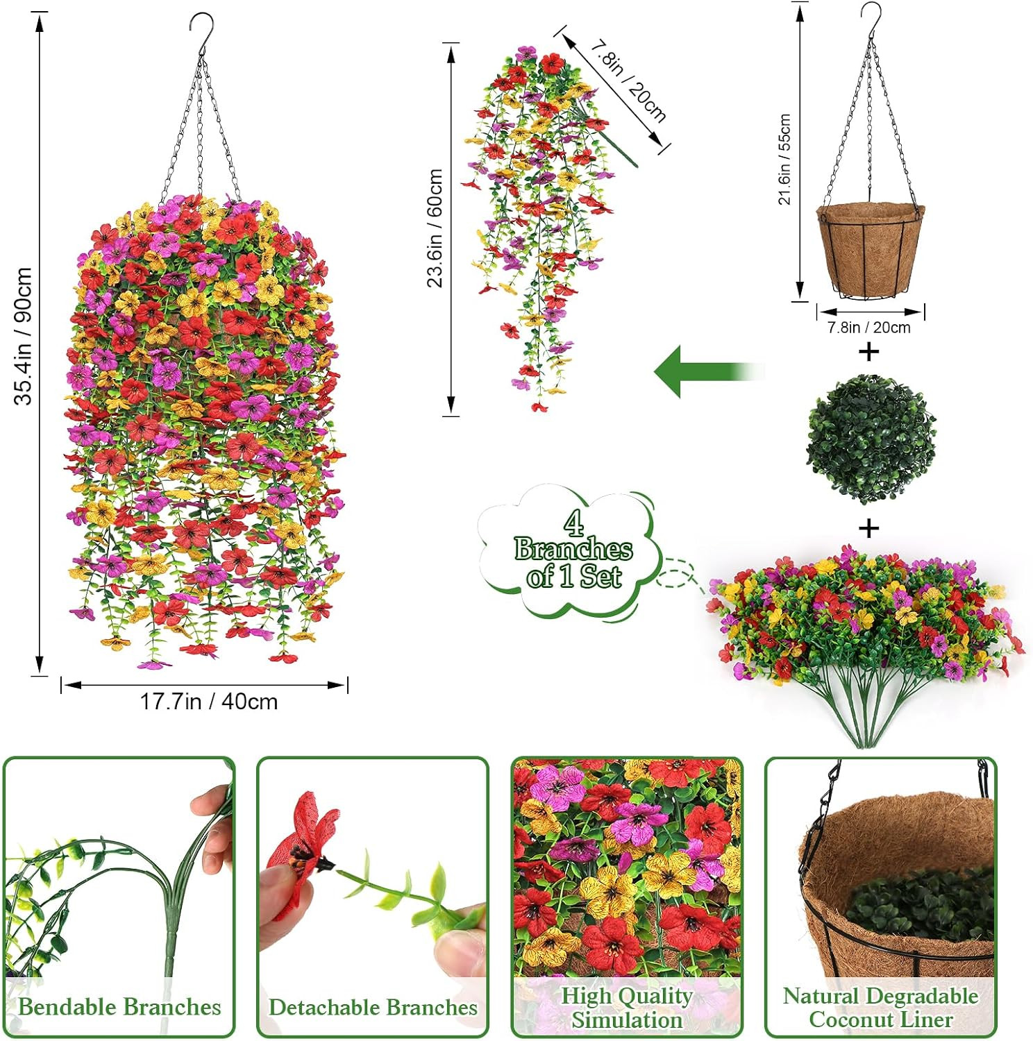 Artificial Hanging Flowers Plants Basket for Outdoors Decoration, 2PCS Multicolo