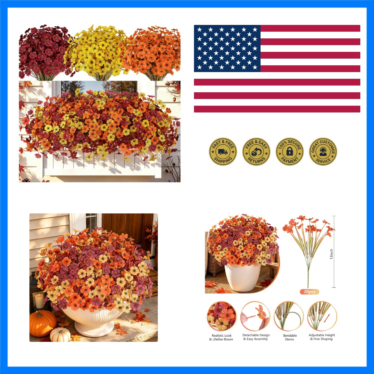 20 PCS Artificial Fall Flowers for Outdoors, Orange Fake Mums | Fall Decor, F…