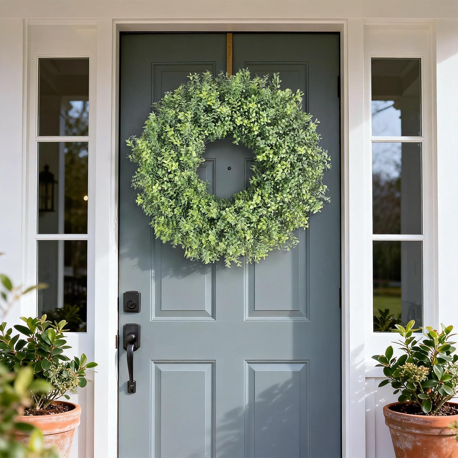 26″ Artificial Boxwood Wreath for Front Door – Faux Small Leaf Boxwood Plant, Sp