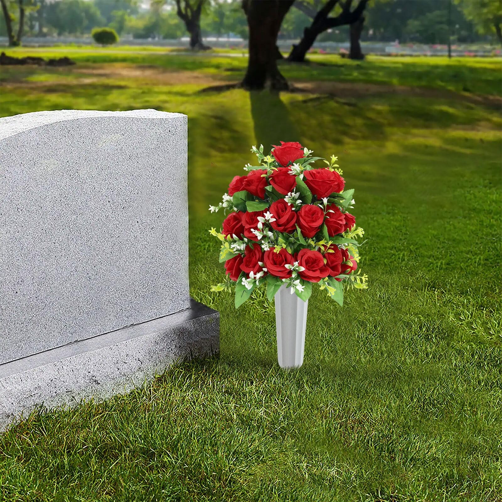 2Pcs Artificial Cemetery Flowers with Vase for Grave, Silk Memorial Day Rose …