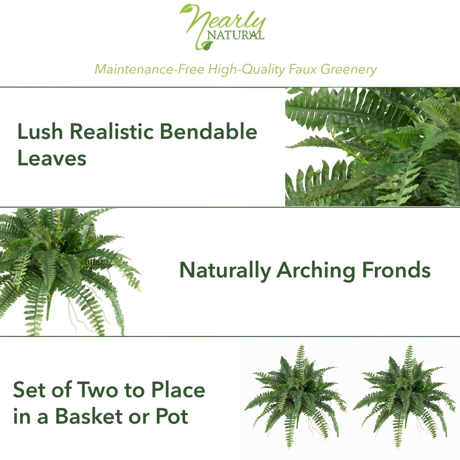 Large 40″ Boston Fern Artificial Plant – Realistic Hanging Faux Ferns, Set of 2