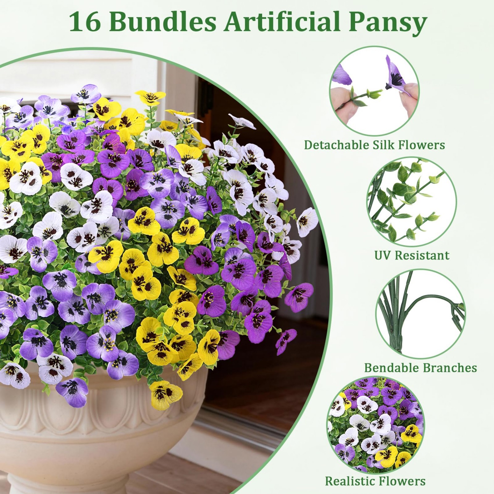UV Resistant Artificial Pansy Flowers – 16 Bundles for Outdoor Decor, Planters &