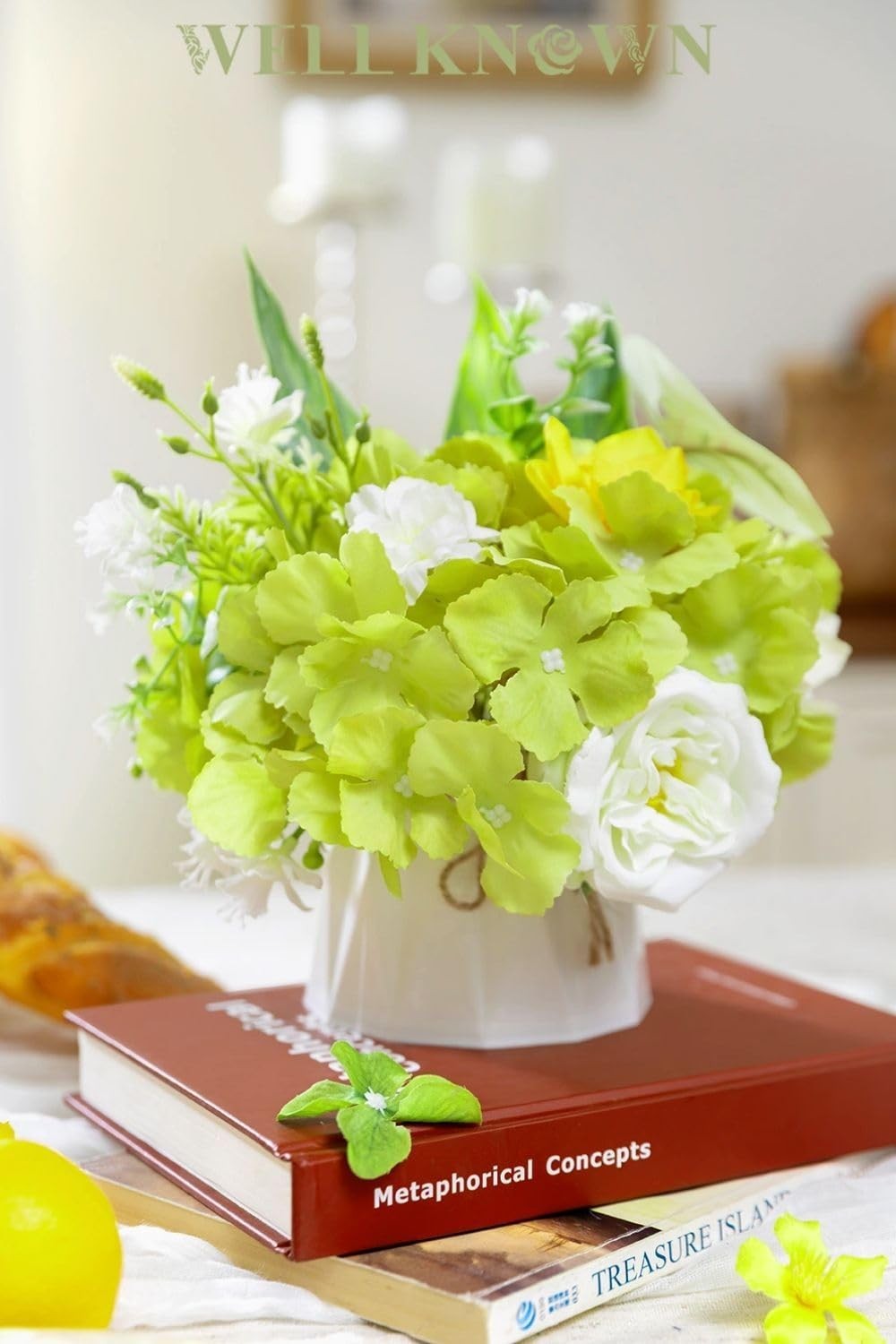 Small Fake Flowers in Plastic Vase 7″ Centerpieces Coffee Table Decor, Green …