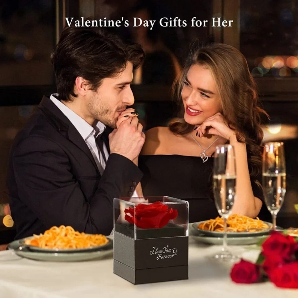 Preserved Eternal Real Rose Flower Gift Box With 14K Gold Plated Necklace silver