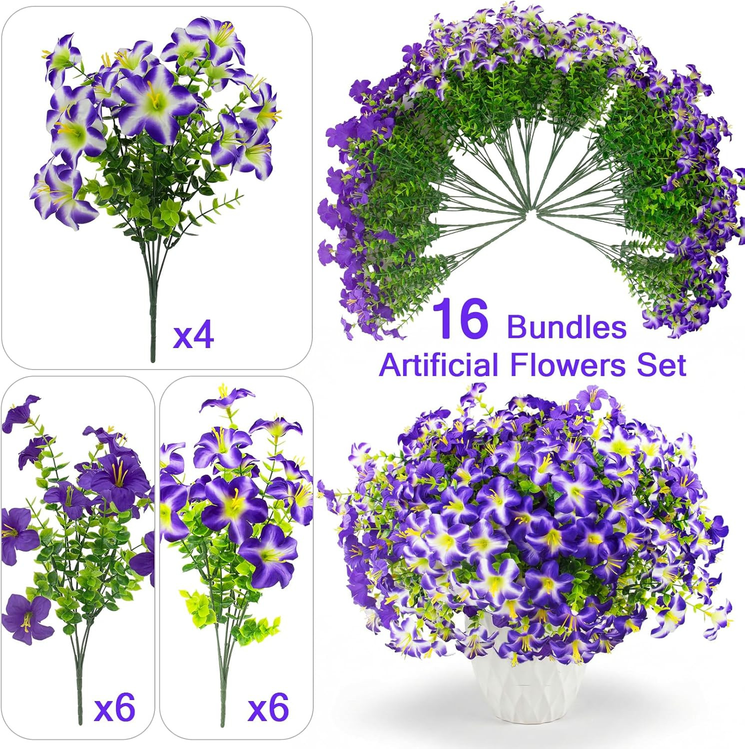 16 Pcs Faux Petunias Artificial Flowers for Outdoors, UV Resistant Fake Purple P