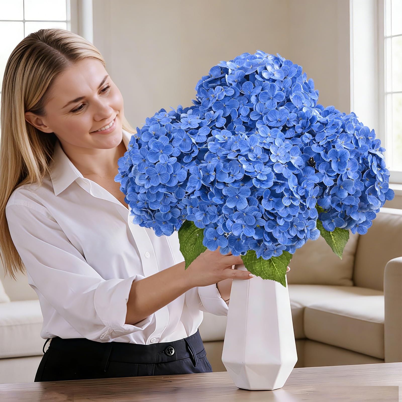 3 Pcs Blue Hydrangea Artificial Flowers Latex Real Touch Hydrangea, 21 inch 2…