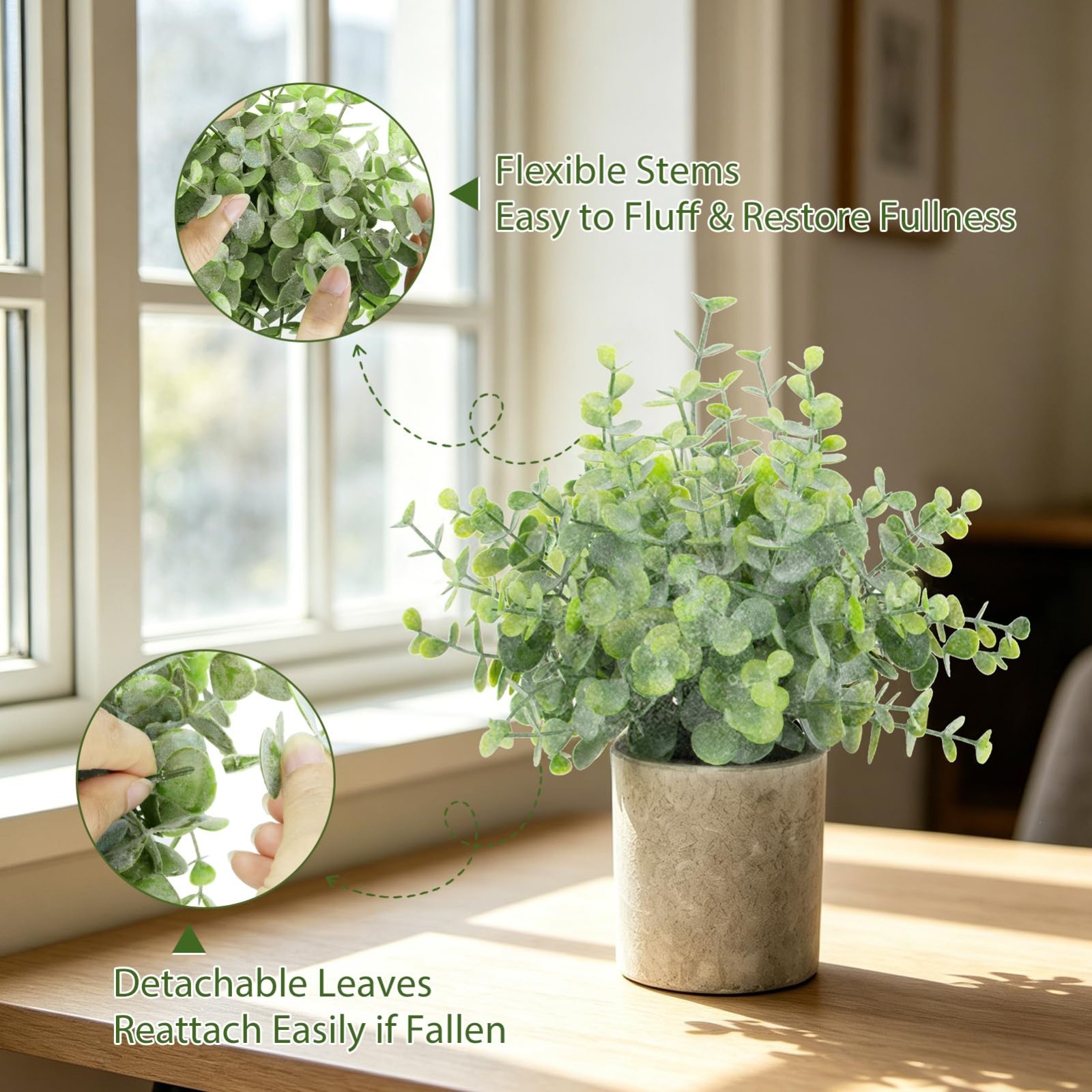 3 Pack Mini Potted Fake Plants – Artificial Eucalyptus & Rosemary Greenery for H