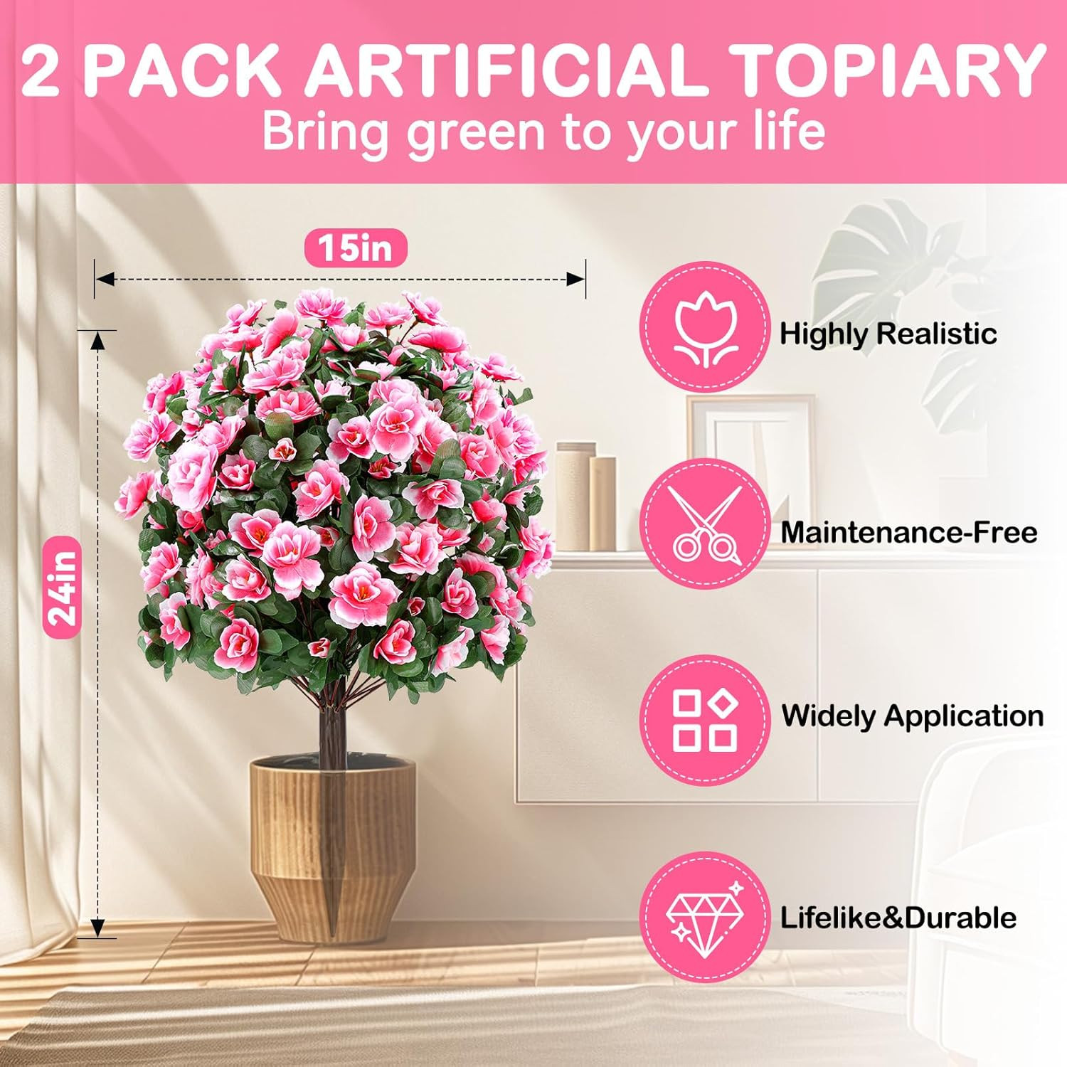 2 Pack 24″ Pink Artificial Camellia Topiary Ball Trees for Indoor & Outdoor Deco