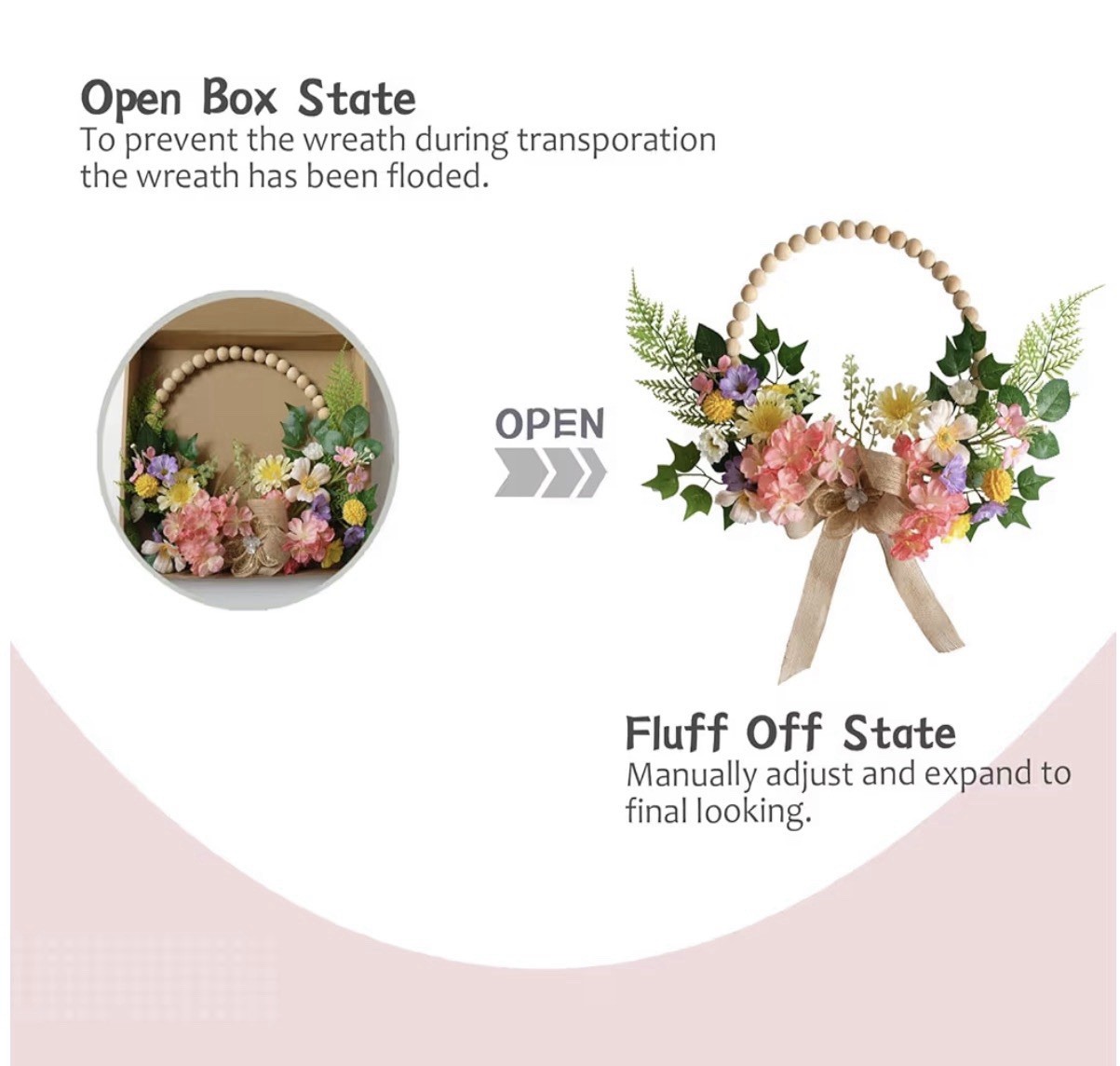 16 Inch Artificial Spring Wooden Bead Wreath with Flower Bow Summer Hydrangea
