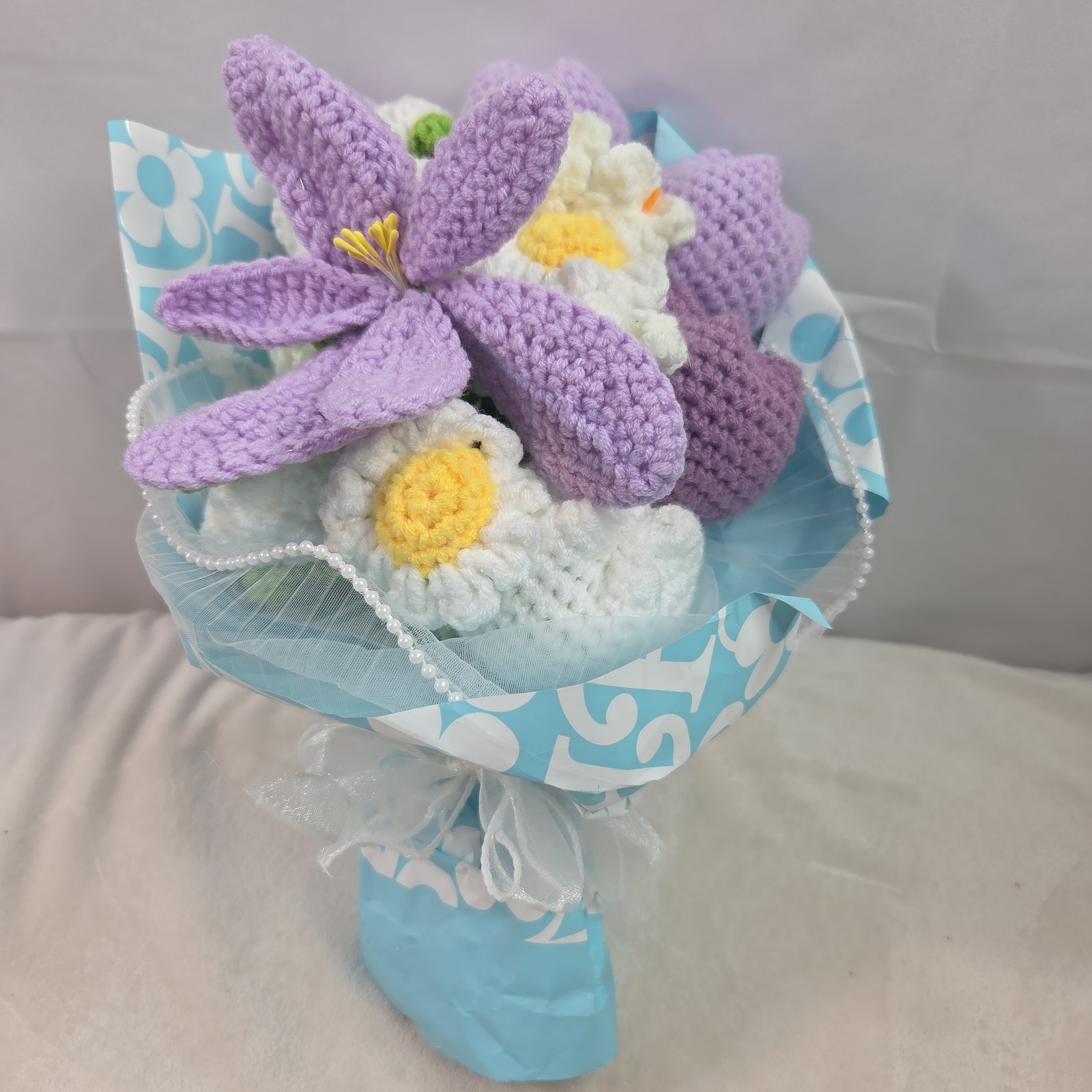 Crochet Flower Bouquet Purple Handmade Knitted Flowers Rose Tulips Bunch Bundle