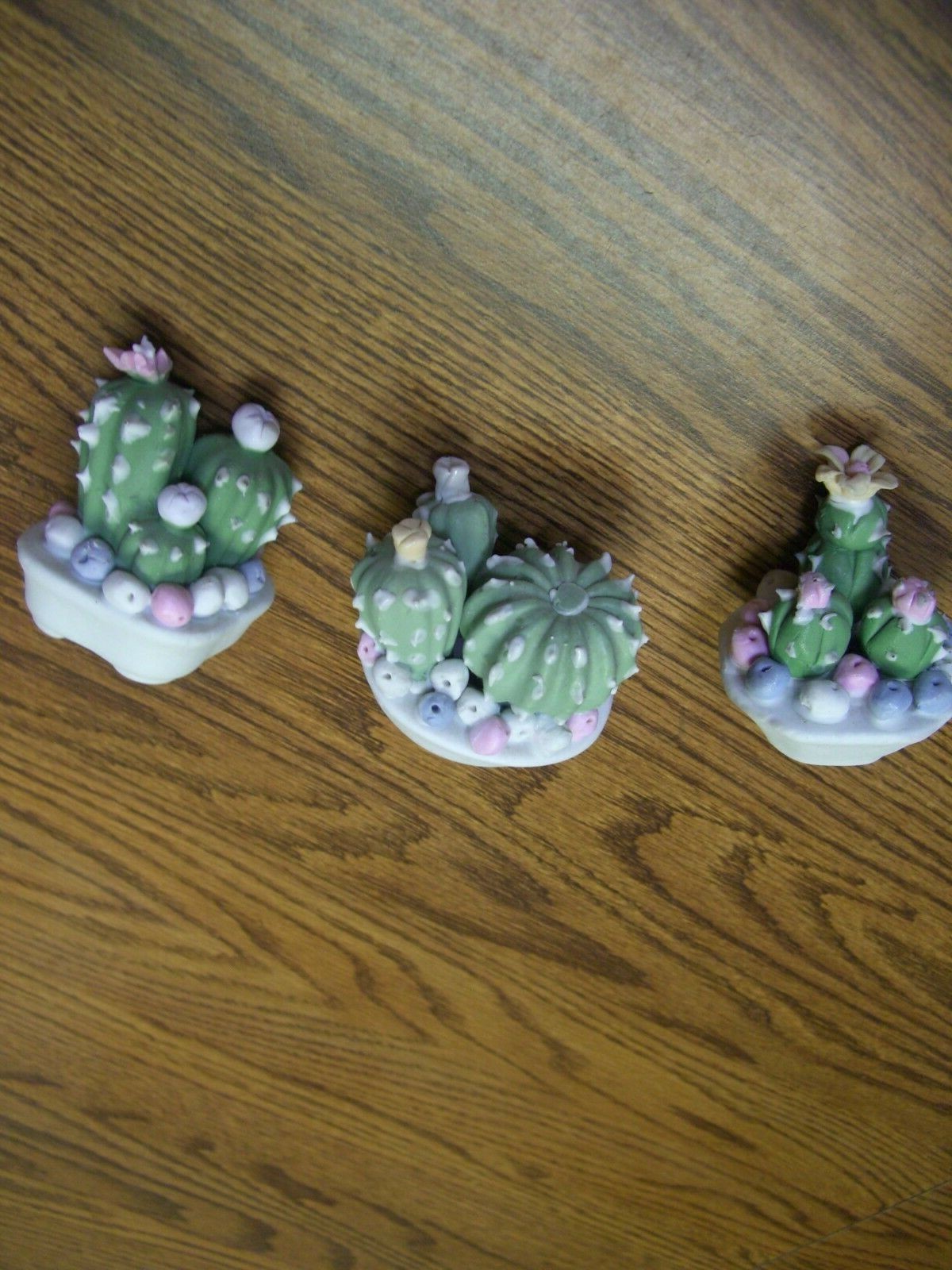 3 Cactus Plants//Small Multi-color Pastel Ceramic Floral Figurines