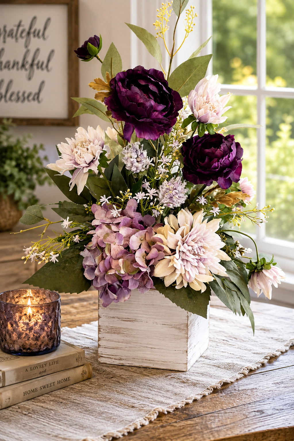 Purple Hydrangea & Aubergine Ranunculus Floral Arrangement, Green Dahlia Floral