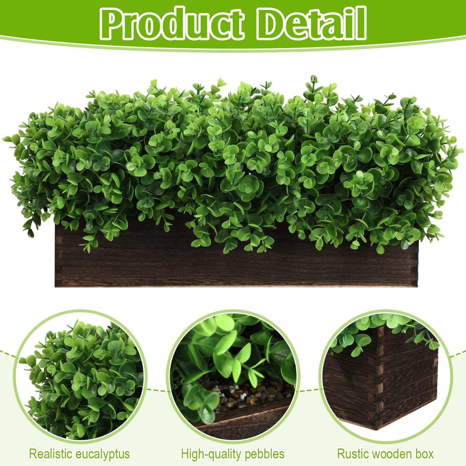 2 PCS Artificial Eucalyptus Plant Rustic Wood Planter Box Emerald 16×3.7×8.7
