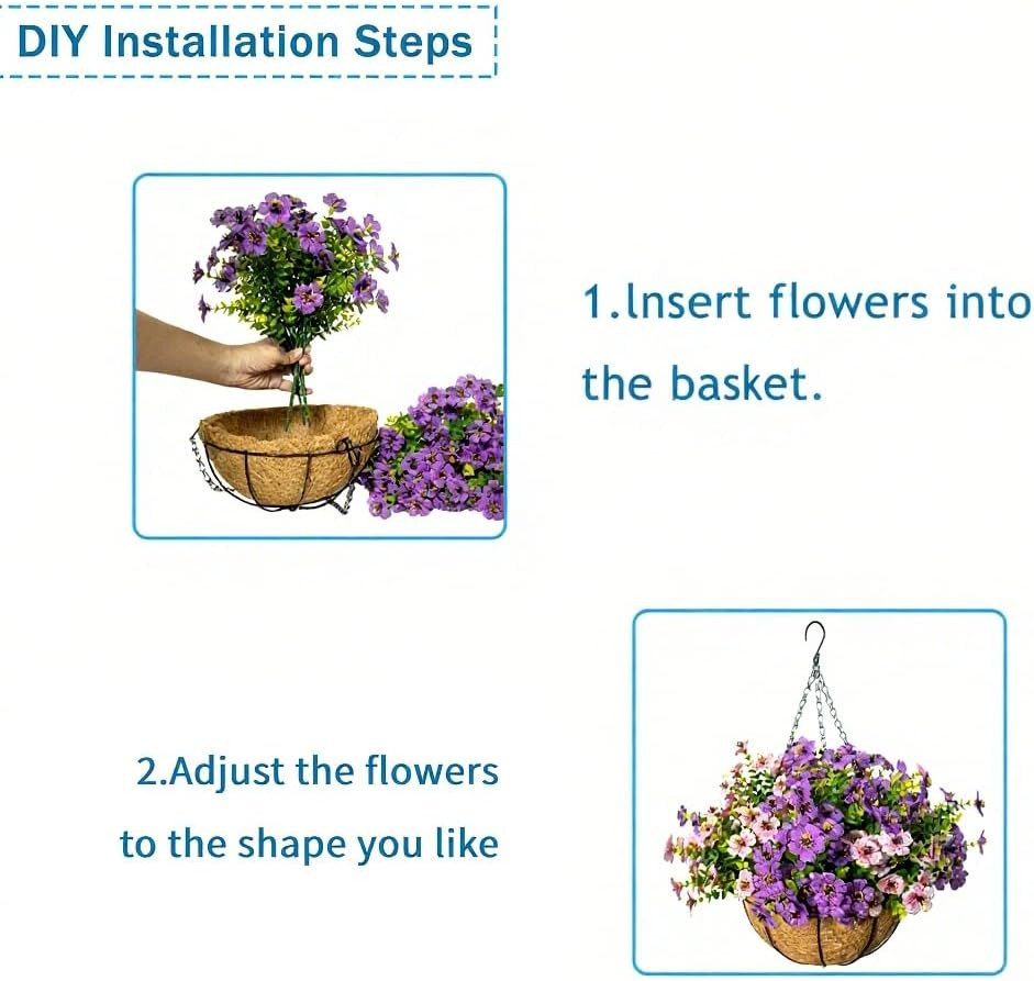 UV Resistant Artificial Hanging Flowers with Basket for Outdoor Decor, 12 Bundle