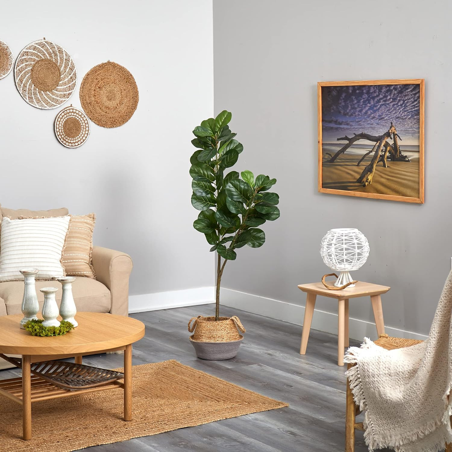 4.5Ft Fiddle Leaf Fig Tree in Boho Chic Cotton & Jute Woven Planter