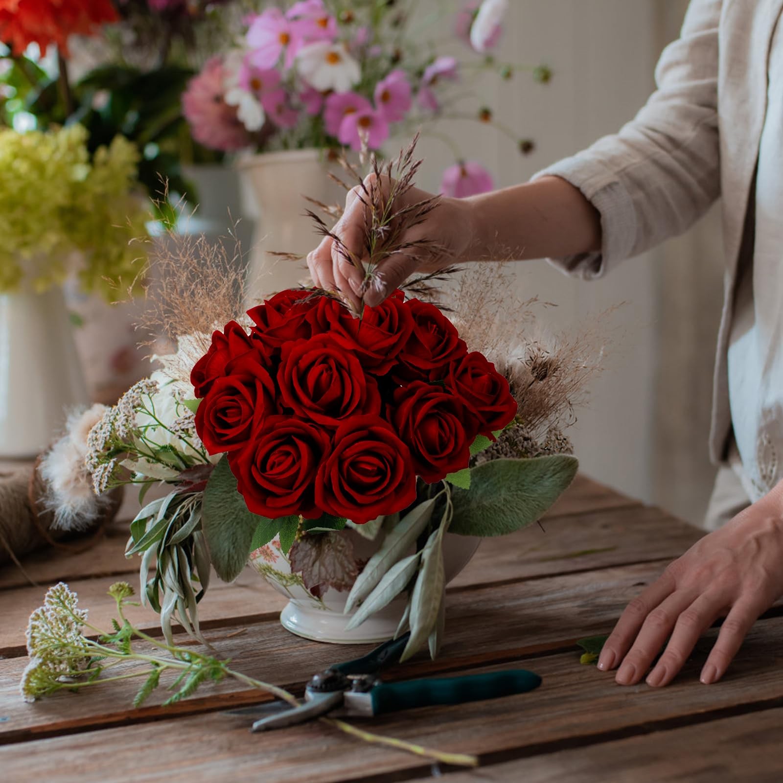 12 Pcs Dark Red Silk Rose Flowers with Long Stems for Elegant Decor