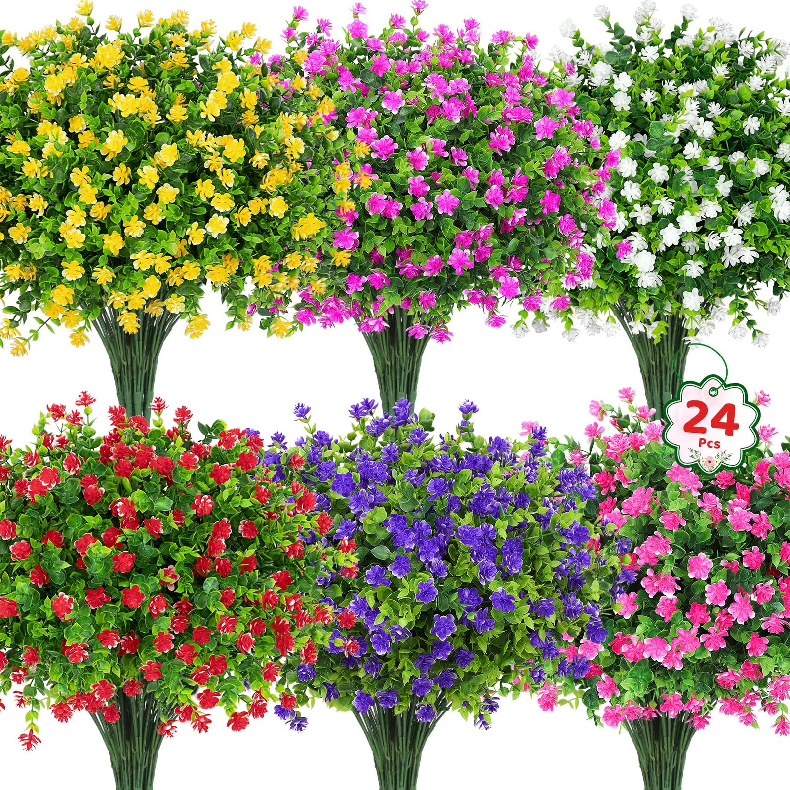 24 Bundles Artificial Flowers for Outdoors, UV Resistant Eucalyptus Fake Flow…