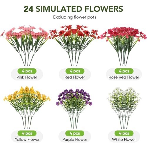 24 Bundles UV Resistant Artificial Flowers – Fake Silk Plants for Garden Decor