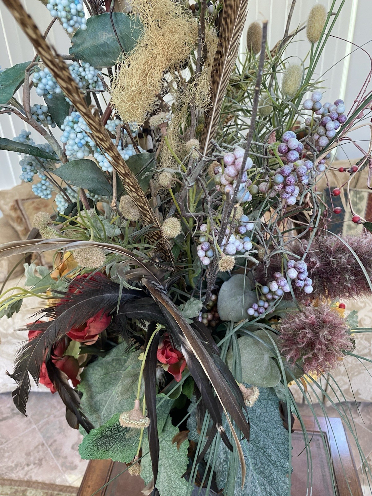 XL Custom Designer Muted Floral Arrangement W Pheasant Feathers, Silk & Dried