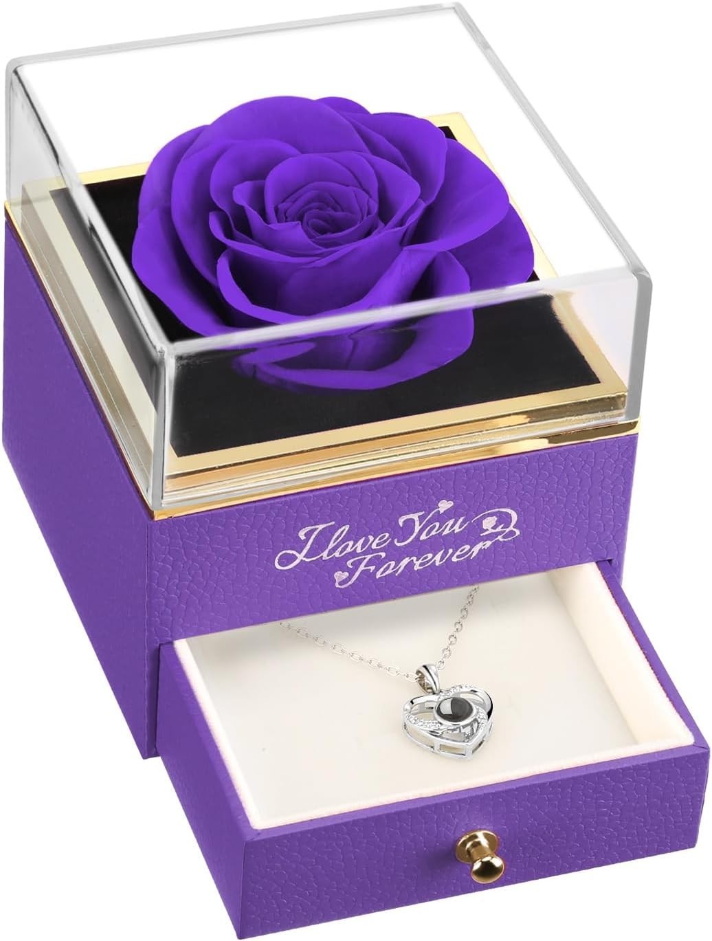 Natural Preserved Purple Rose and Heart Necklace – Perfect for Any Occasion
