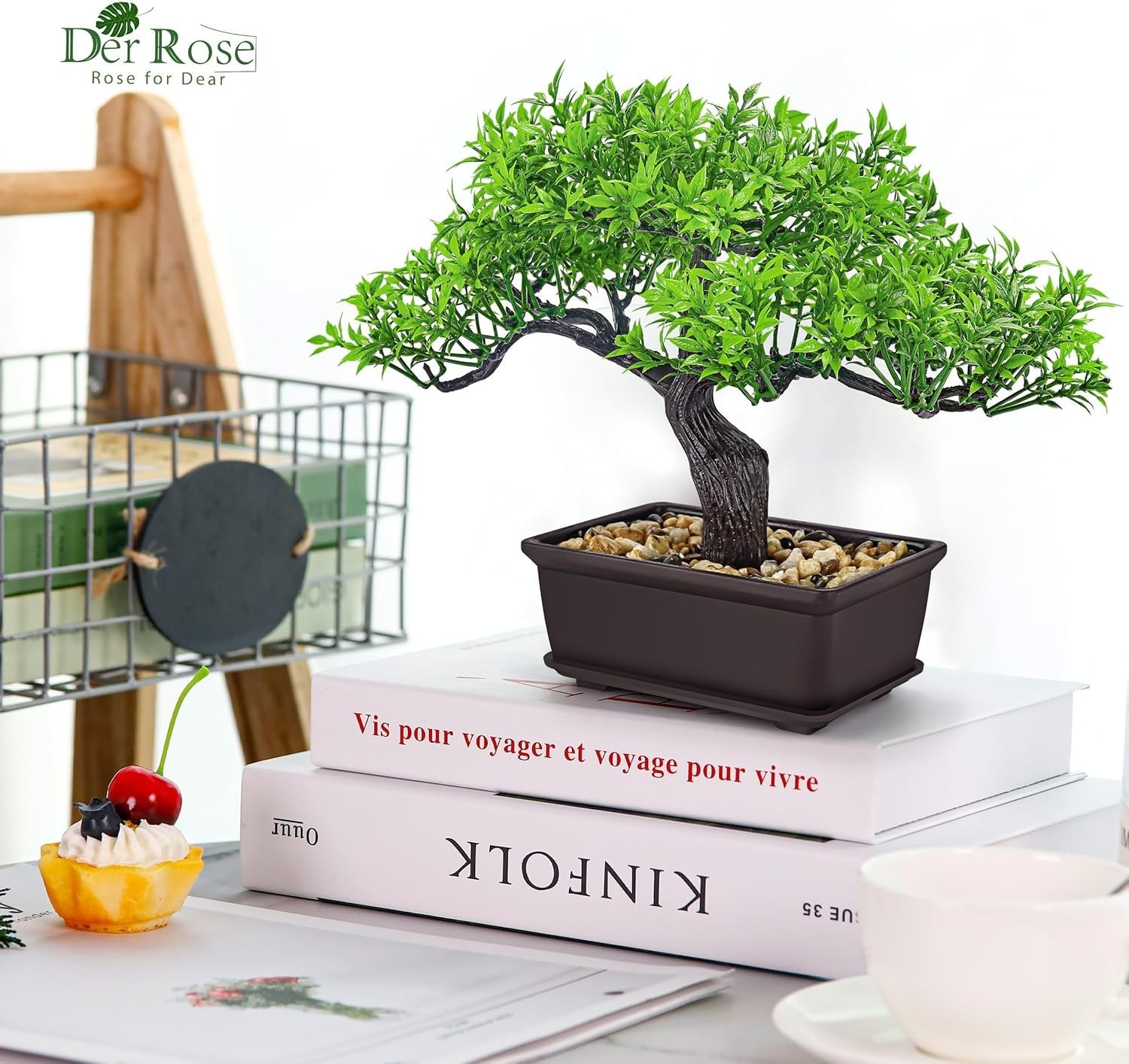 Der Rose 8” Artificial Bonsai Tree Small Fake Potted Plants for Green-ficus