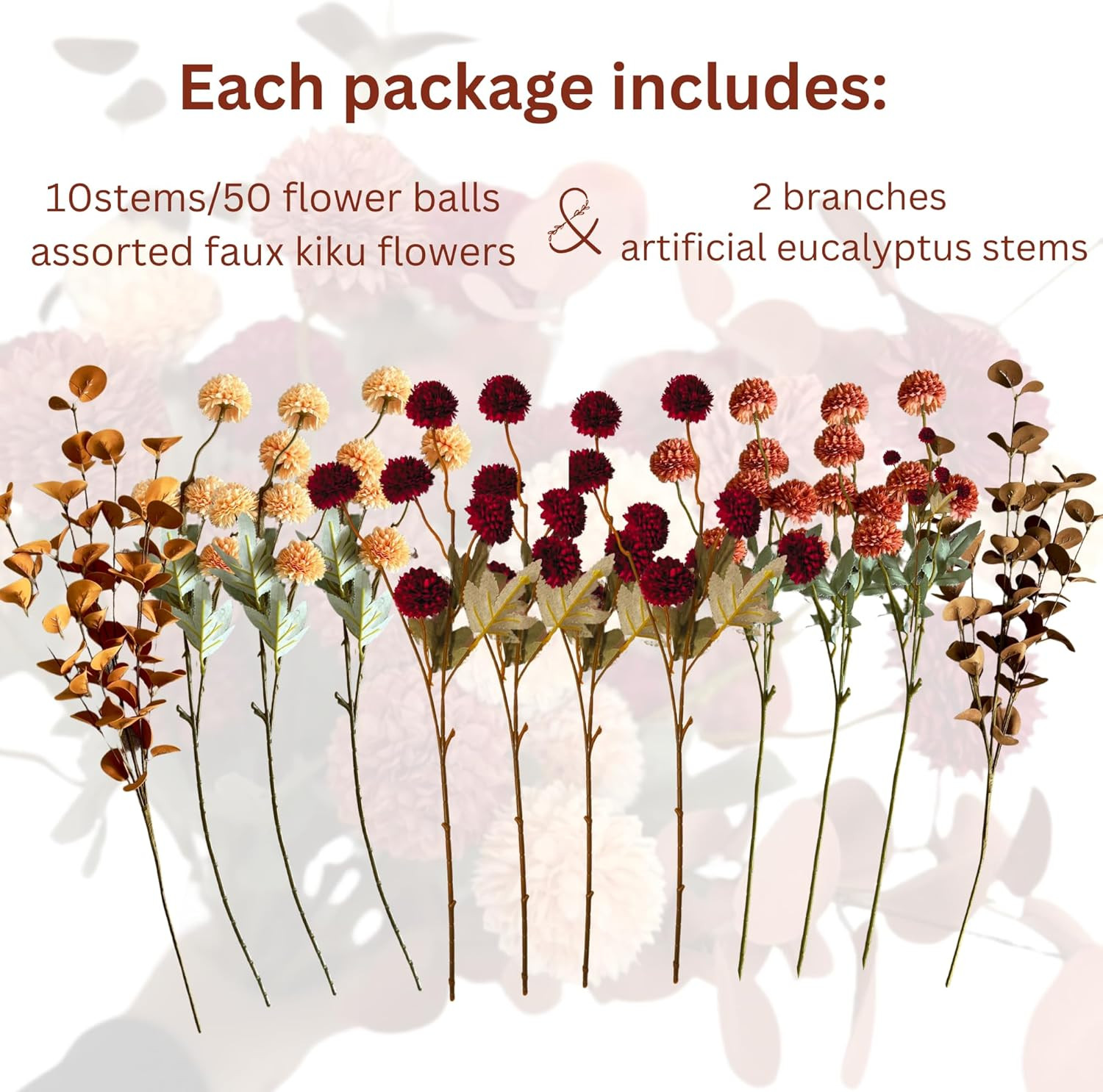 Fall Flowers, Burnt Orange Faux Kiku Flowers Artificial 10 Stems + Eucalyptus, F