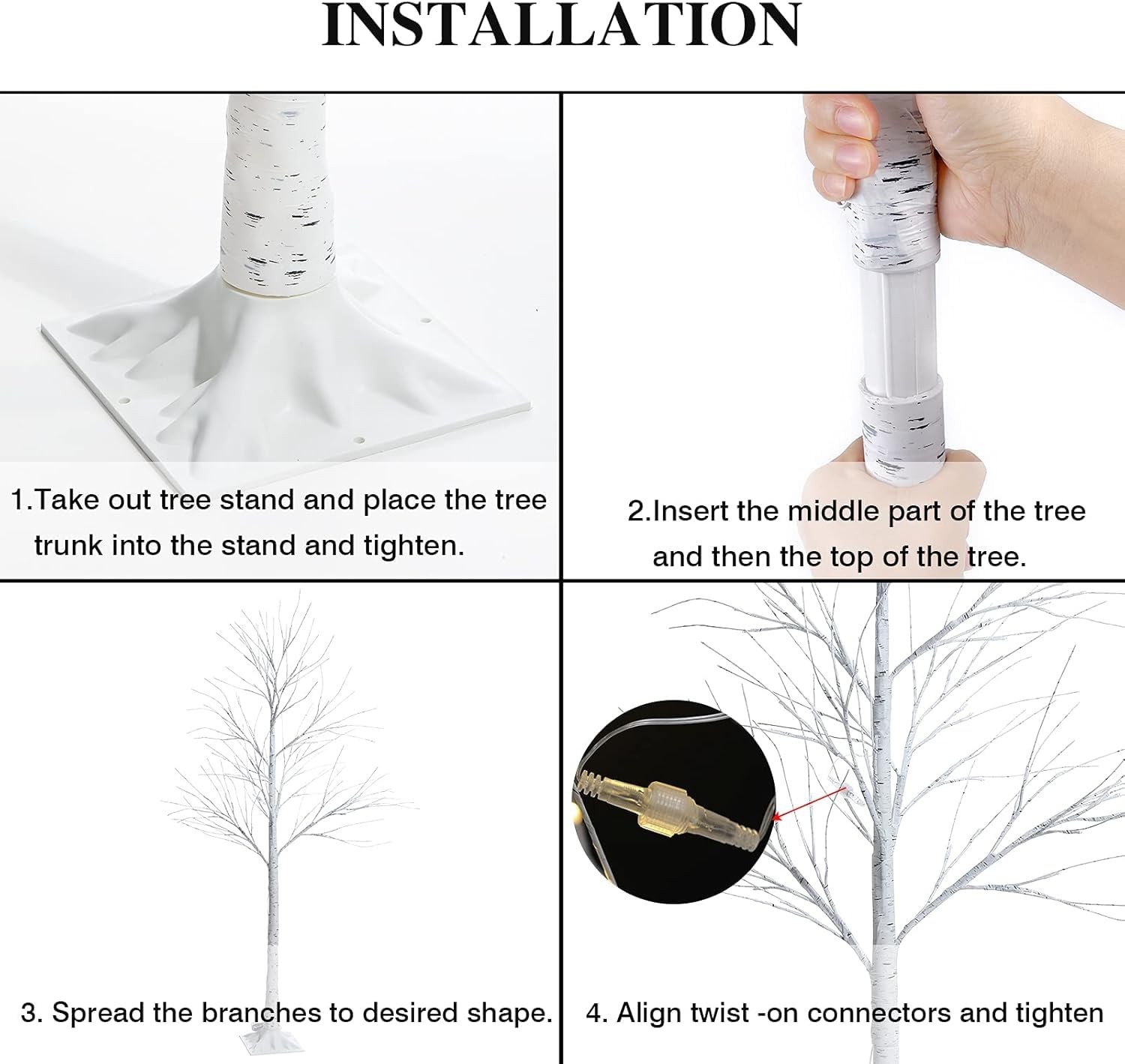 Set of 2 Lighted Birch Tree, Prelit White Christmas Tree Plug in, Light Up Ar…