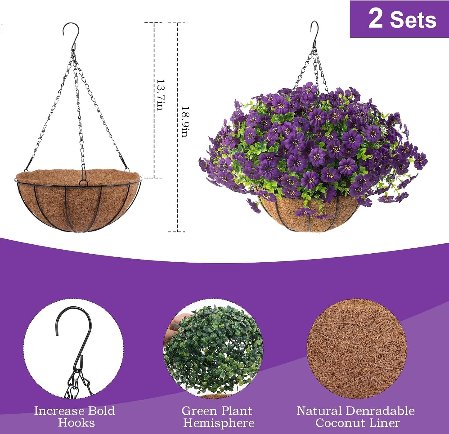 Vibrant Purple Artificial Outdoor Flower Baskets – Low Maintenance -Round Decor
