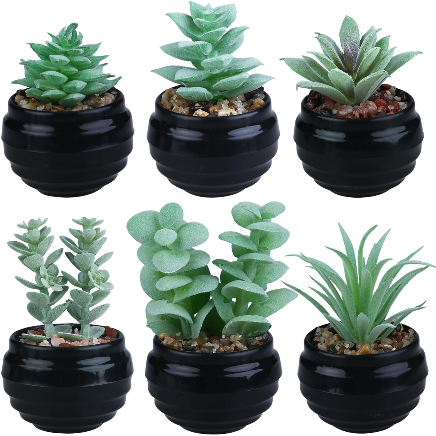 6 Pcs Green Artificial Succulent Plants in Black Plastic Pots Mini Faux Succulen
