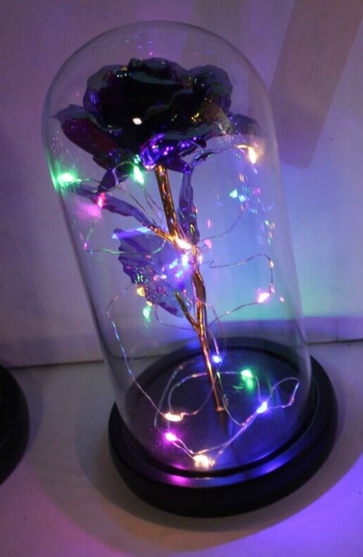 Blue Eternal Rose w LED Lights in Glass Dome Mothers Valentines Anniversary Gift
