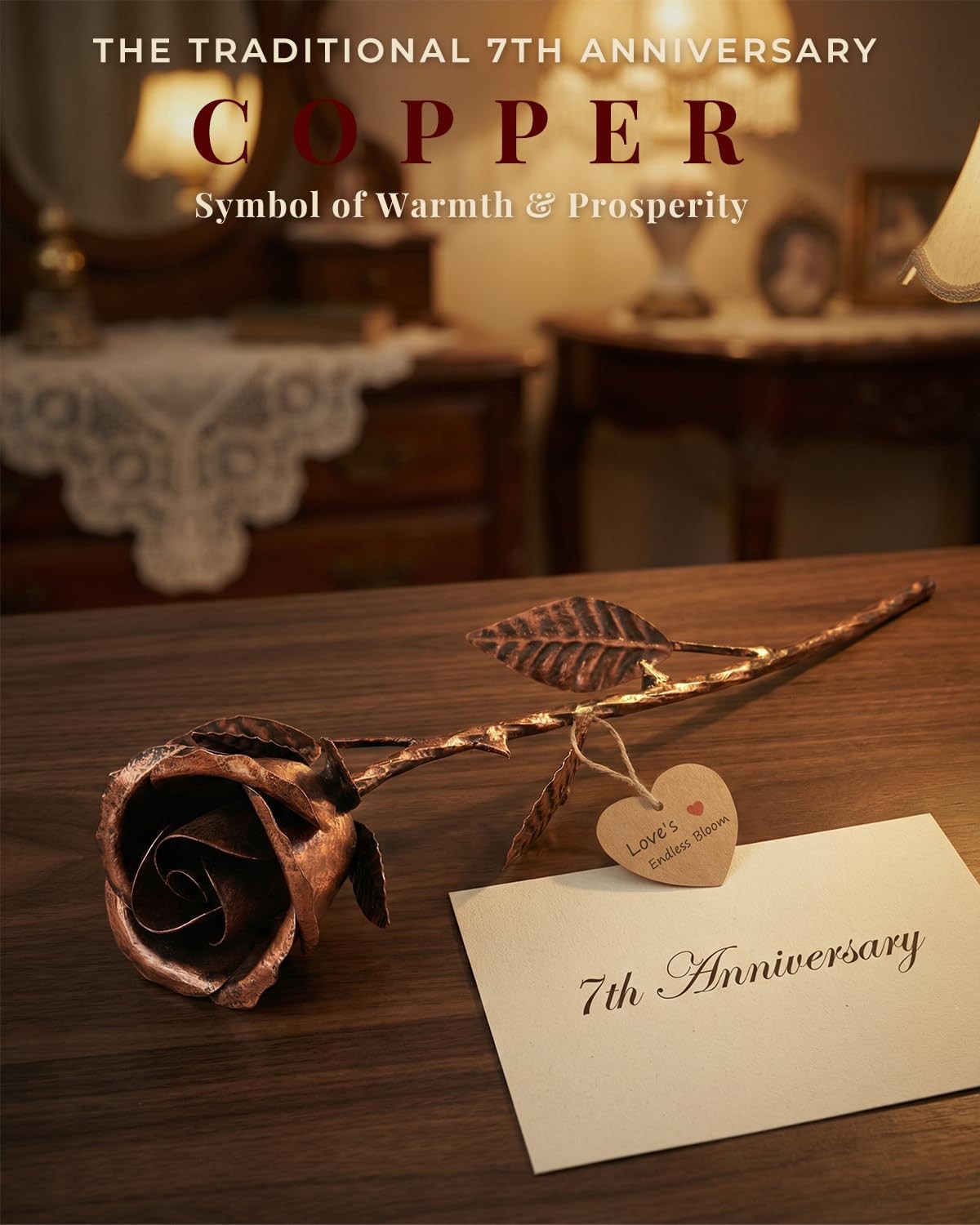 VGYGLS 7th Anniversary Wedding Gift for Her – Handmade Copper Rose with Red