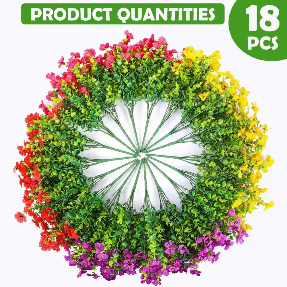 12 In. Red Purple Yellow Rose Red Outdoor UV Resistant Artificial Eucalyptus Flo